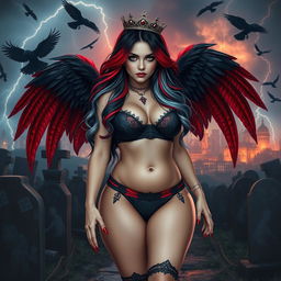 A stunning, curvy girl with long black, red, and silver hair, showcasing a pretty, innocent yet sexy demeanor