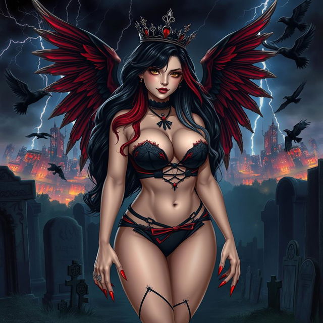 A stunning, curvy girl with long black, red, and silver hair, showcasing a pretty, innocent yet sexy demeanor