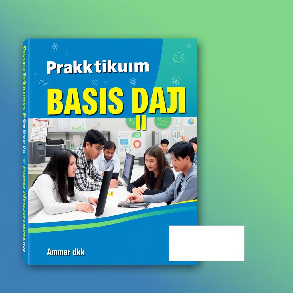 A book cover design for an A4-sized book titled "Buku Praktikum Basis Data II" by Ammar dkk