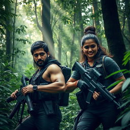 Sree Vishnu and Ashika Ranganath depicted as fictional characters in a dramatic scene set in a dense, green forest