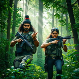 Sree Vishnu and Ashika Ranganath depicted as fictional characters in a dramatic scene set in a dense, green forest