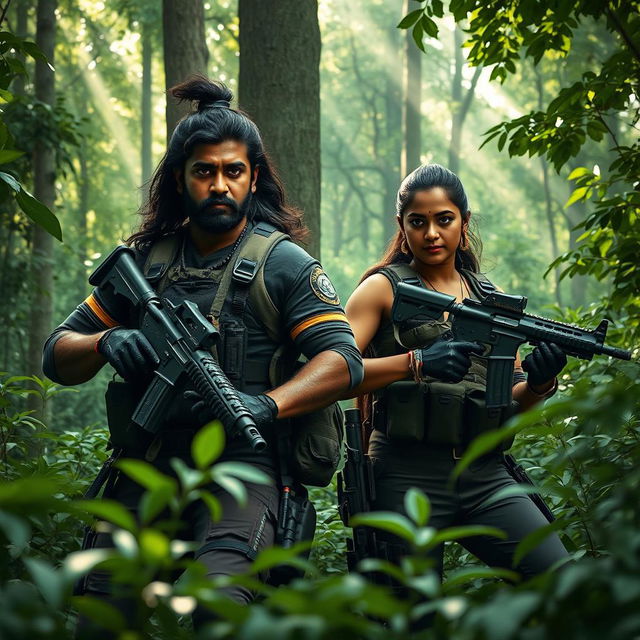 Sree Vishnu and Ashika Ranganath depicted as fictional characters in a dramatic scene set in a dense, green forest