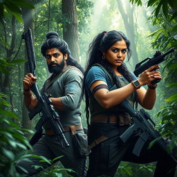Sree Vishnu and Ashika Ranganath depicted as fictional characters in a dramatic scene set in a dense, green forest