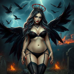 A captivating, curvy girl with long black, red, and silver hair, exuding a pretty yet innocent vibe combined with a sexy allure