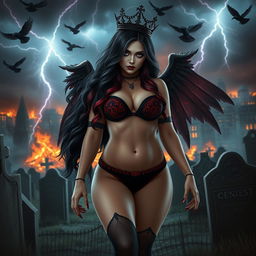 A captivating, curvy girl with long black, red, and silver hair, exuding a pretty yet innocent vibe combined with a sexy allure