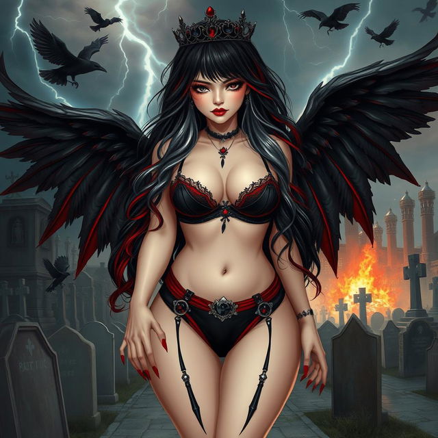 A captivating, curvy girl with long black, red, and silver hair, exuding a pretty yet innocent vibe combined with a sexy allure