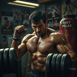 A dramatic scene depicting a muscular man training intensely in a gritty gym