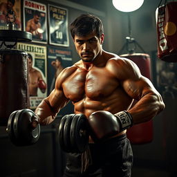 A dramatic scene depicting a muscular man training intensely in a gritty gym