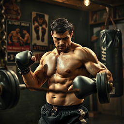 A dramatic scene depicting a muscular man training intensely in a gritty gym