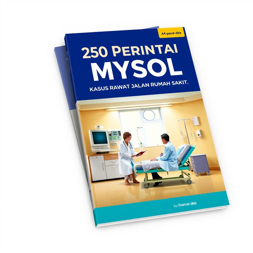 A book cover design for an A4-sized book titled '250 Perintah MySQL Kasus Rawat Jalan Rumah Sakit' by Damar dkk