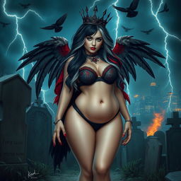 A strikingly beautiful, curvy girl with long black, red, and silver hair, exuding a pretty and innocent yet sexy charm
