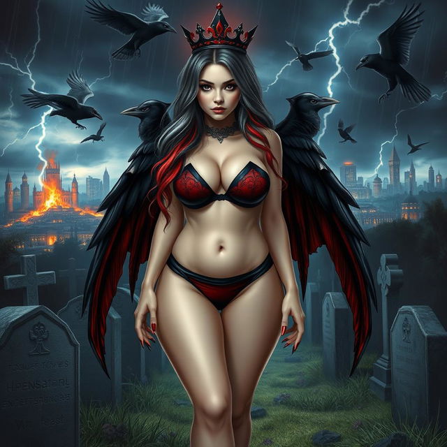A strikingly beautiful, curvy girl with long black, red, and silver hair, exuding a pretty and innocent yet sexy charm