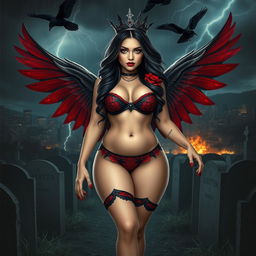 A strikingly beautiful, curvy girl with long black, red, and silver hair, exuding a pretty and innocent yet sexy charm