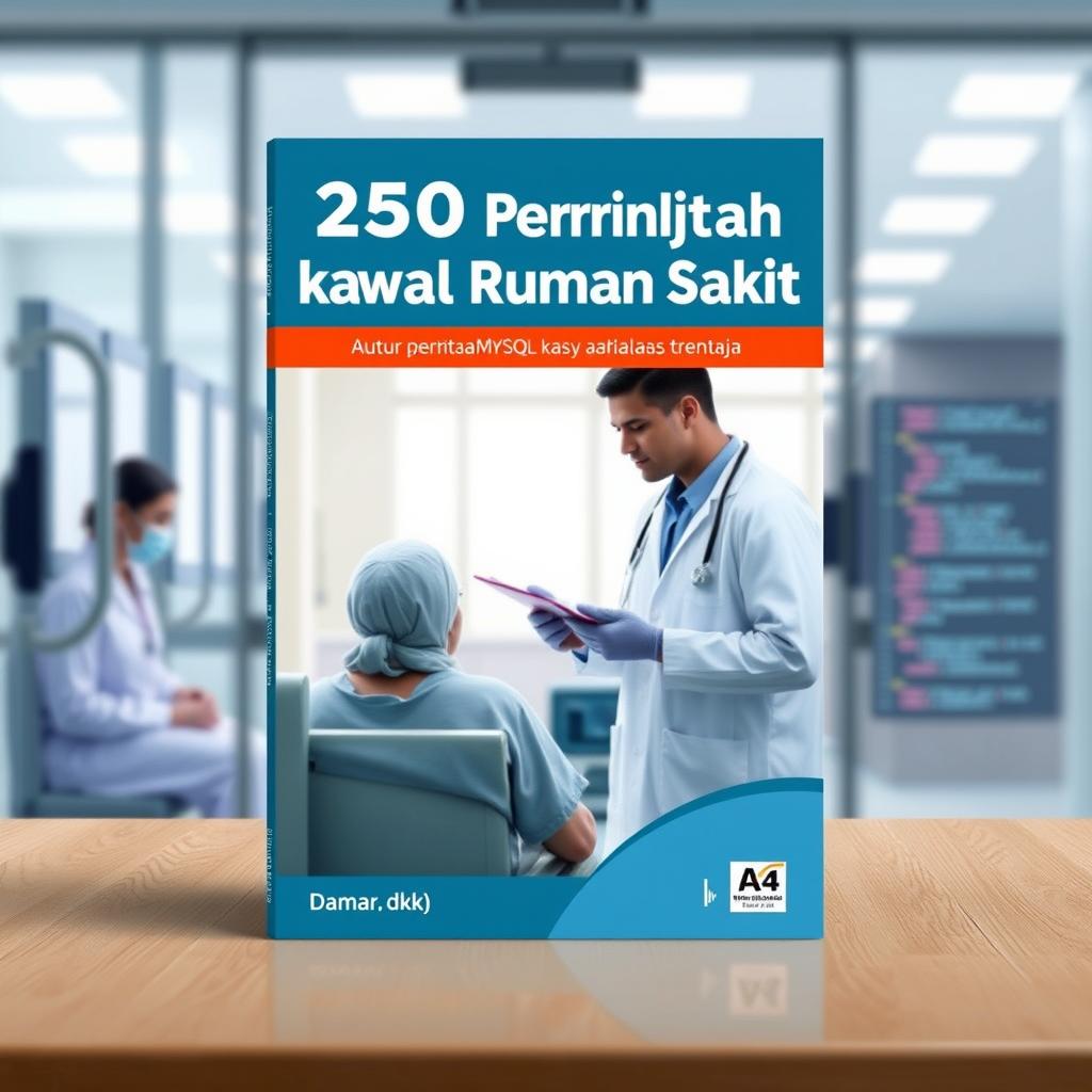 A book cover design for an A4 format with the title '250 Perintah MySQL kasus Rawat Jalan Rumah Sakit' prominently displayed at the top