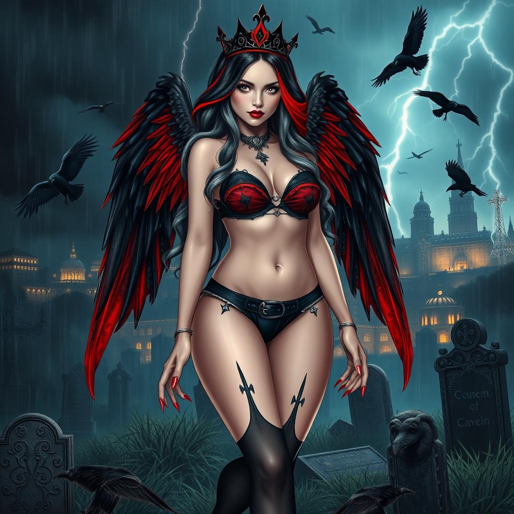 An enchanting, curvy girl with very long black, red, and silver hair, radiating a pretty and innocent charm while also embodying a sexy allure
