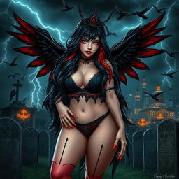 An enchanting, curvy girl with very long black, red, and silver hair, radiating a pretty and innocent charm while also embodying a sexy allure