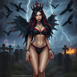 An enchanting, curvy girl with very long black, red, and silver hair, radiating a pretty and innocent charm while also embodying a sexy allure