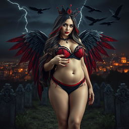 A realistic photograph capturing a beautiful, curvy girl with very long black, red, and silver hair, her sweet and soft face enhanced by dark gothic makeup