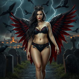 A realistic photograph capturing a beautiful, curvy girl with very long black, red, and silver hair, her sweet and soft face enhanced by dark gothic makeup