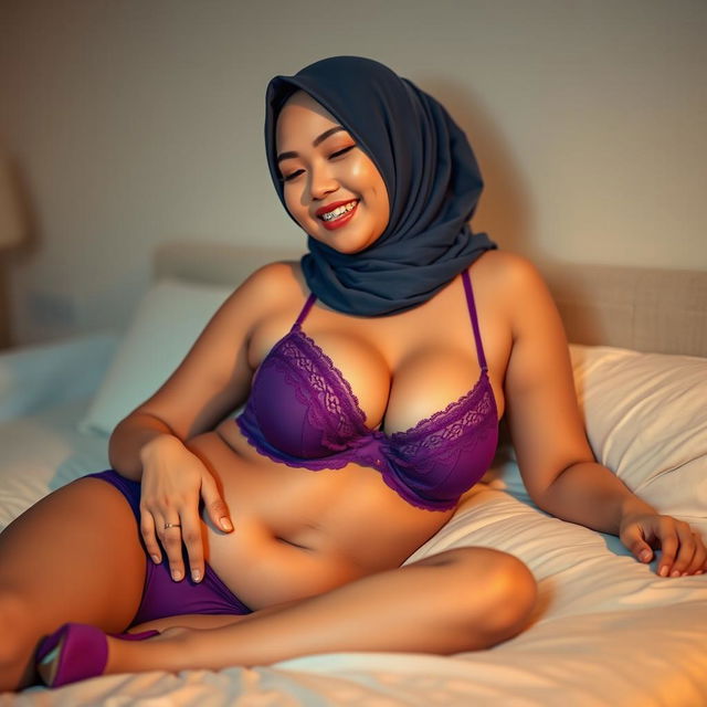 A beautiful Chinese woman in a hijab, with braces on her teeth, featuring a curvy and fuller figure