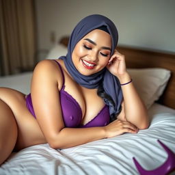 A beautiful Chinese woman in a hijab, with braces on her teeth, featuring a curvy and fuller figure