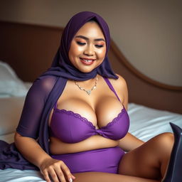 A beautiful Chinese woman in a hijab, with braces on her teeth, featuring a curvy and fuller figure