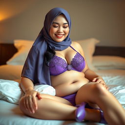 A beautiful Chinese woman in a hijab, with braces on her teeth, featuring a curvy and fuller figure