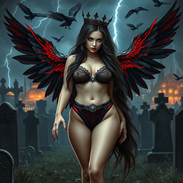 A realistic photograph featuring a beautiful, curvy girl with an hourglass figure, showcasing very long black, red, and silver hair