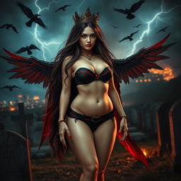 A realistic photograph featuring a beautiful, curvy girl with an hourglass figure, showcasing very long black, red, and silver hair
