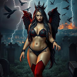 A realistic photograph featuring a beautiful, curvy girl with an hourglass figure, showcasing very long black, red, and silver hair