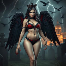 A realistic photograph featuring a beautiful, curvy girl with an hourglass figure, showcasing very long black, red, and silver hair