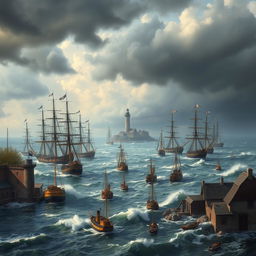 A dramatic scene depicting ships blockading a harbor, with multiple vessels strategically positioned to control access