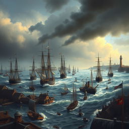 A dramatic scene depicting ships blockading a harbor, with multiple vessels strategically positioned to control access
