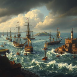 A dramatic scene depicting ships blockading a harbor, with multiple vessels strategically positioned to control access