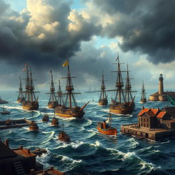 A dramatic scene depicting ships blockading a harbor, with multiple vessels strategically positioned to control access