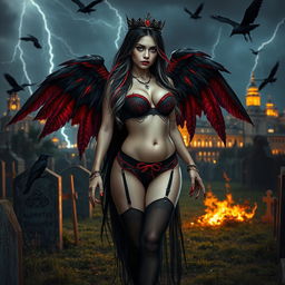 A realistic photograph featuring a beautiful, hourglass-shaped girl with very long black, red, and silver hair, characterized by a sweet, soft face adorned with dark gothic makeup