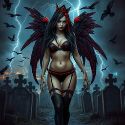 A realistic photograph featuring a beautiful, hourglass-shaped girl with very long black, red, and silver hair, characterized by a sweet, soft face adorned with dark gothic makeup