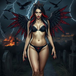 A realistic photograph featuring a beautiful, hourglass-shaped girl with very long black, red, and silver hair, characterized by a sweet, soft face adorned with dark gothic makeup