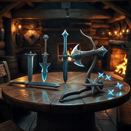 Five fantasy weapons displayed on a sturdy, round oak table in a dimly lit tavern