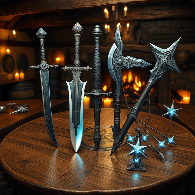 Five fantasy weapons displayed on a sturdy, round oak table in a dimly lit tavern