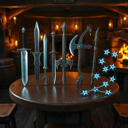 Five fantasy weapons displayed on a sturdy, round oak table in a dimly lit tavern