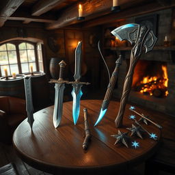 Five fantasy weapons displayed on a sturdy, round oak table in a dimly lit tavern