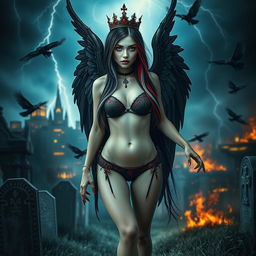 A realistic photograph featuring a beautiful, innocent-looking girl with an hourglass figure and very long black, red, and silver hair