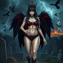 A realistic photograph featuring a beautiful, innocent-looking girl with an hourglass figure and very long black, red, and silver hair