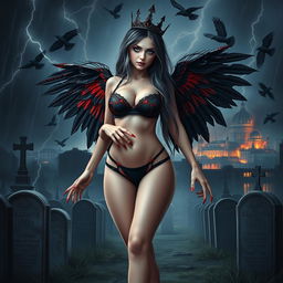 A realistic photograph featuring a beautiful, innocent-looking girl with an hourglass figure and very long black, red, and silver hair