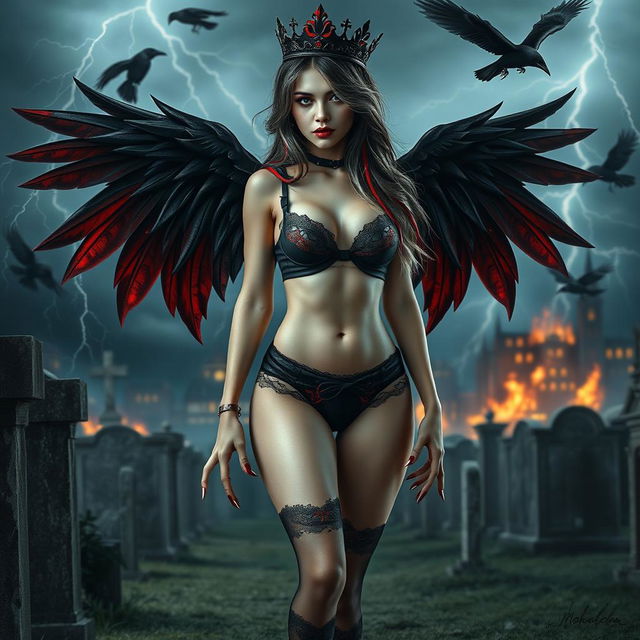 A realistic photograph featuring a beautiful, innocent-looking girl with an hourglass figure and very long black, red, and silver hair