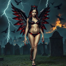 A realistic photograph featuring a beautiful, hourglass-shaped girl with very long black, red, and silver hair