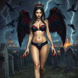 A realistic photograph featuring a beautiful, hourglass-shaped girl with very long black, red, and silver hair