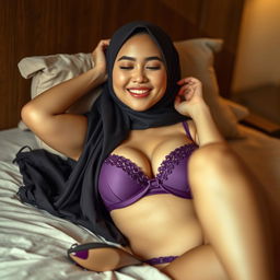 A beautiful Chinese woman in a hijab, with braces on her teeth, featuring a curvy and fuller figure