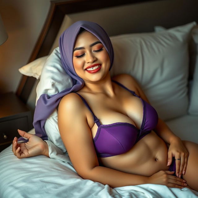 A beautiful Chinese woman in a hijab, with braces on her teeth, featuring a curvy and fuller figure